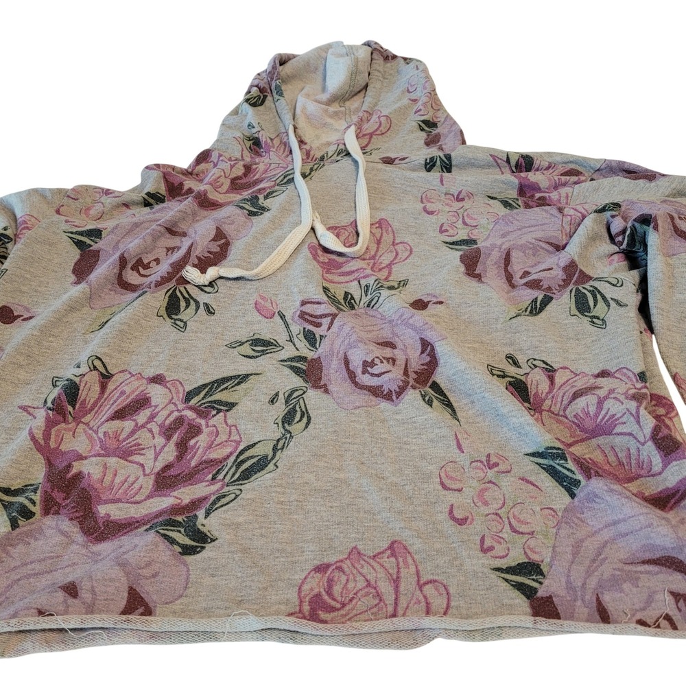 Stitch + Stardom Floral Hoodie Womens XL Grey Pink Rose Raw Hem Romantic Boho